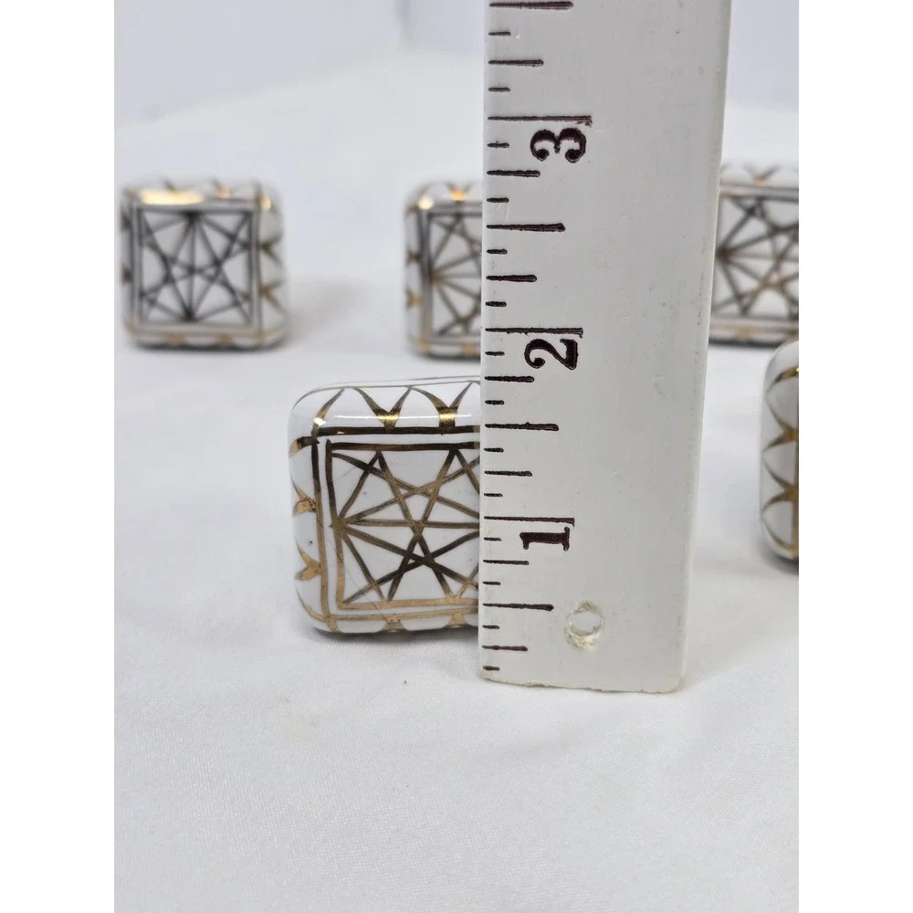 Lot of 6 White Ceramic Drawer Knobs Gold Geometric Lines Square Shape 1.5